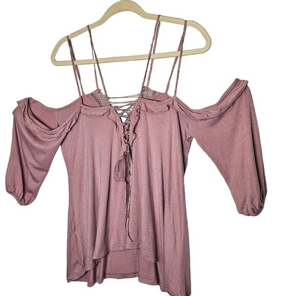 BKE Boutique NWT Women's Cold Shoulder Lace-Up Top M‎ Bamboo Rayon Blend Mauve - Picture 12 of 14